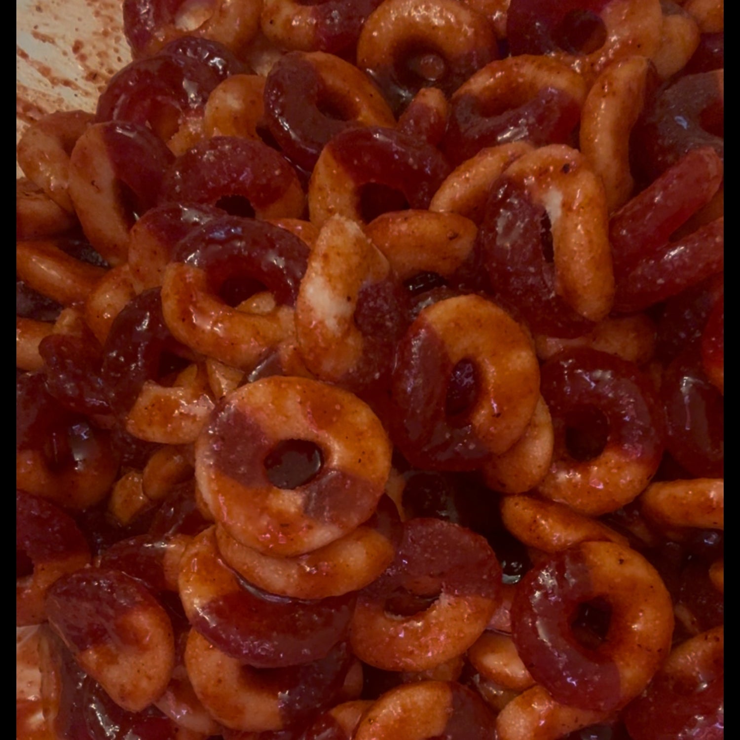 Fire cherry rings coated in our homemade chamoy 16 oz container